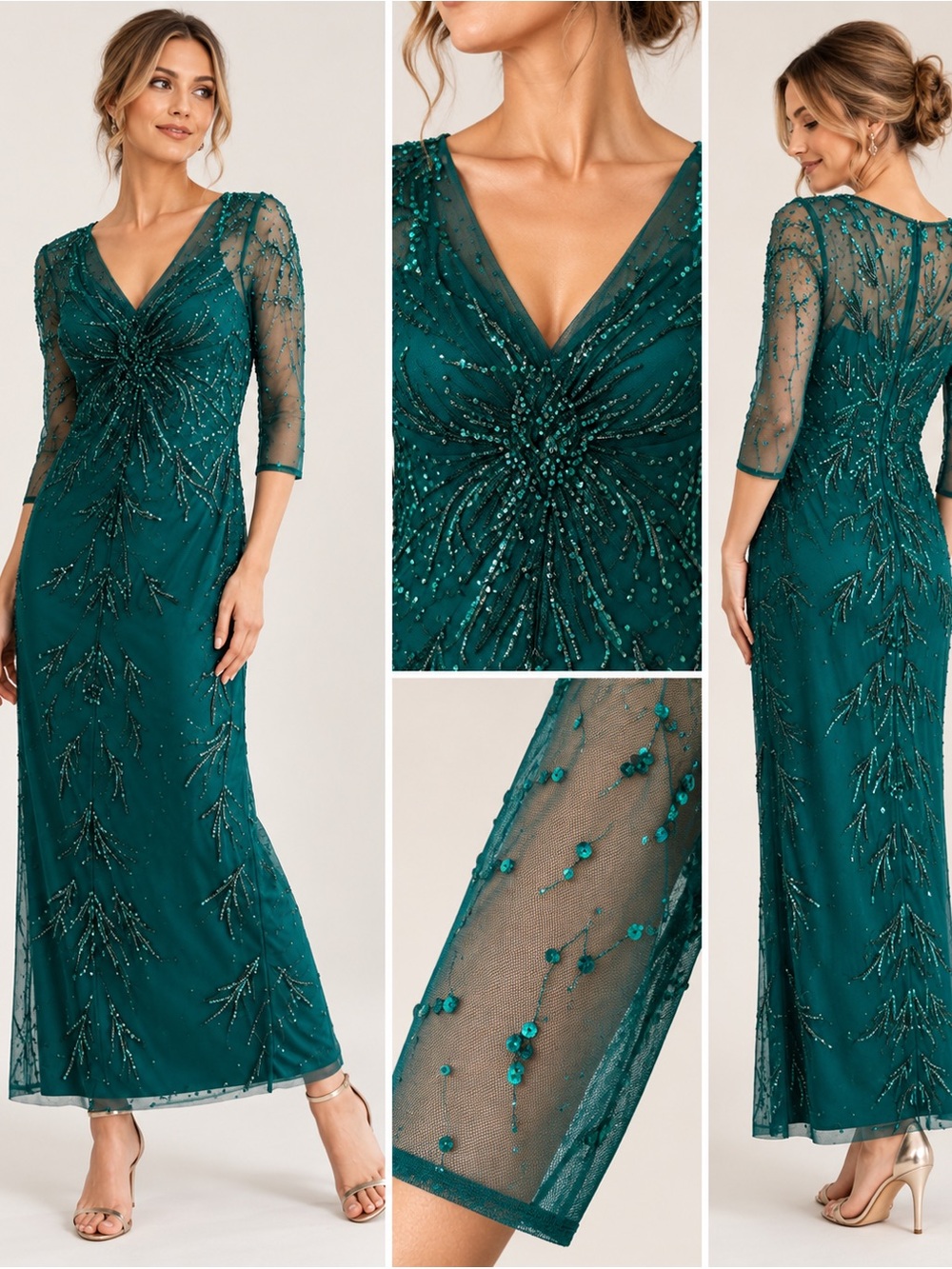 Adrianna Papell NWT Teal Beaded Sequin Mesh Evening Gown Dress Size 8